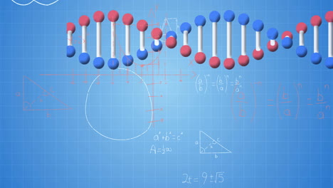 animación del hilado de cadenas de adn, procesamiento de datos y ecuaciones matemáticas