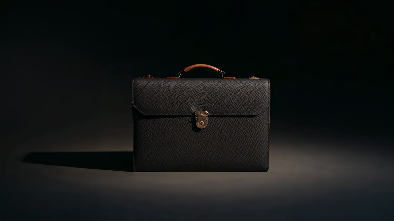 Starting sequence, camera moving closer to black leather briefcase in studio, showing brass lock