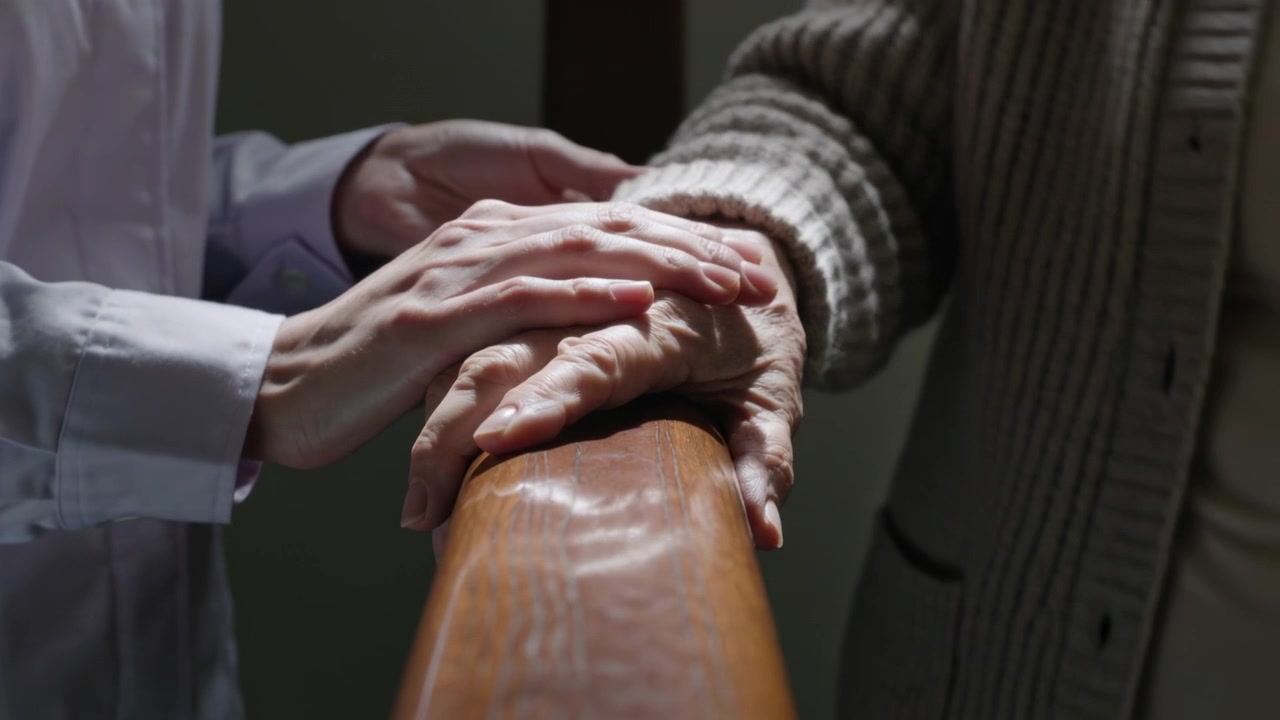 Un assistente in camice bianco, con le mani sul cardigan, guida una mano lungo il corrimano di legno per dare stabilità.