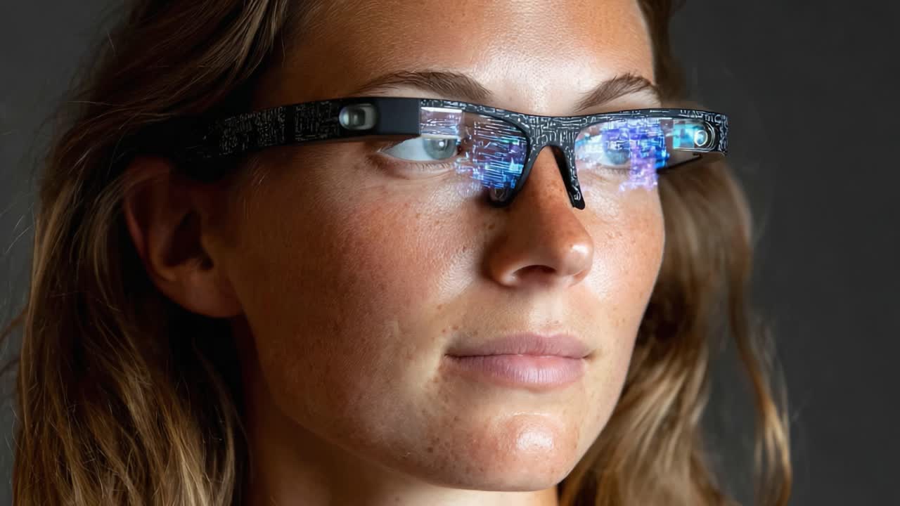 A Close-Up Look at Innovative Smart Glasses Displaying Digital Information, Highlighting Cutting-Edge Technology in Wearable Devices and User Interaction
