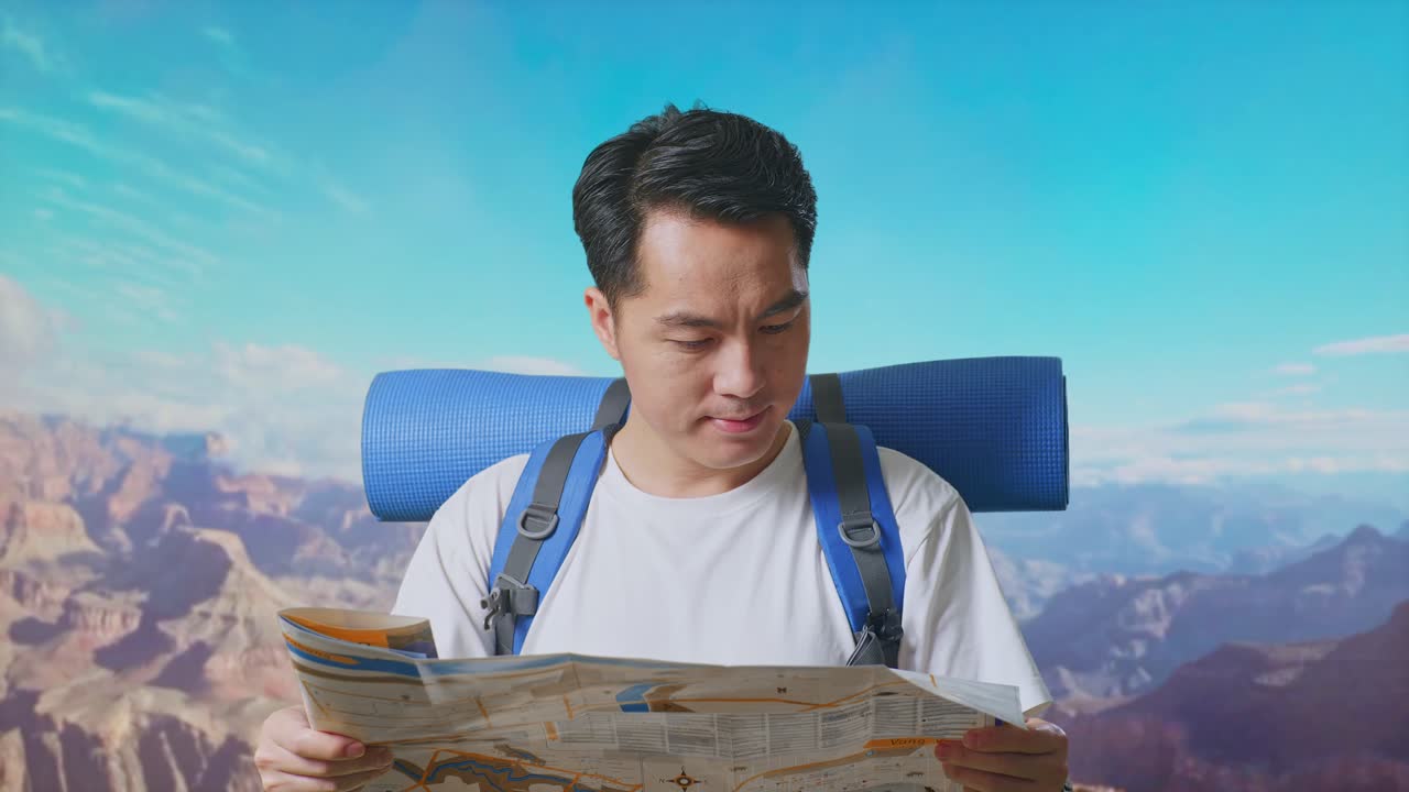 Close Up Of Asian Male Hiker With Mountaineering Backpack Looking At The Map Then Smiling To Camera While Traveling At The Top Of Mountain