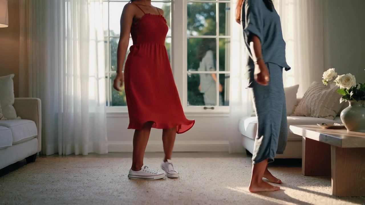 Raggi di sole che filtrano dalla finestra, donne in abito e abbigliamento da casa che passano tenendosi per mano a casa.