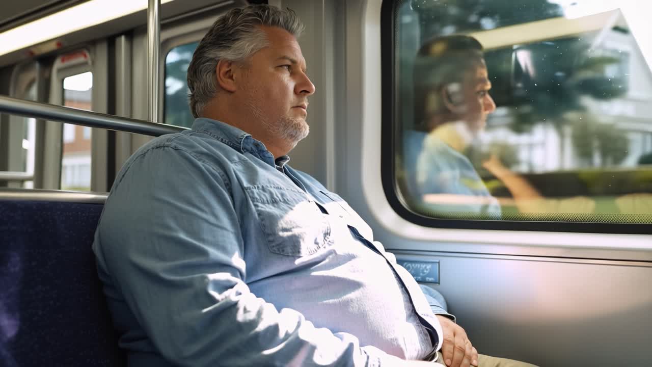 Man sits quietly on train, gazing out window. He wears casual shirt, looks thoughtful. His hands rest lightly on his stomach. Scene suggests commute or travel, calm, uneventful