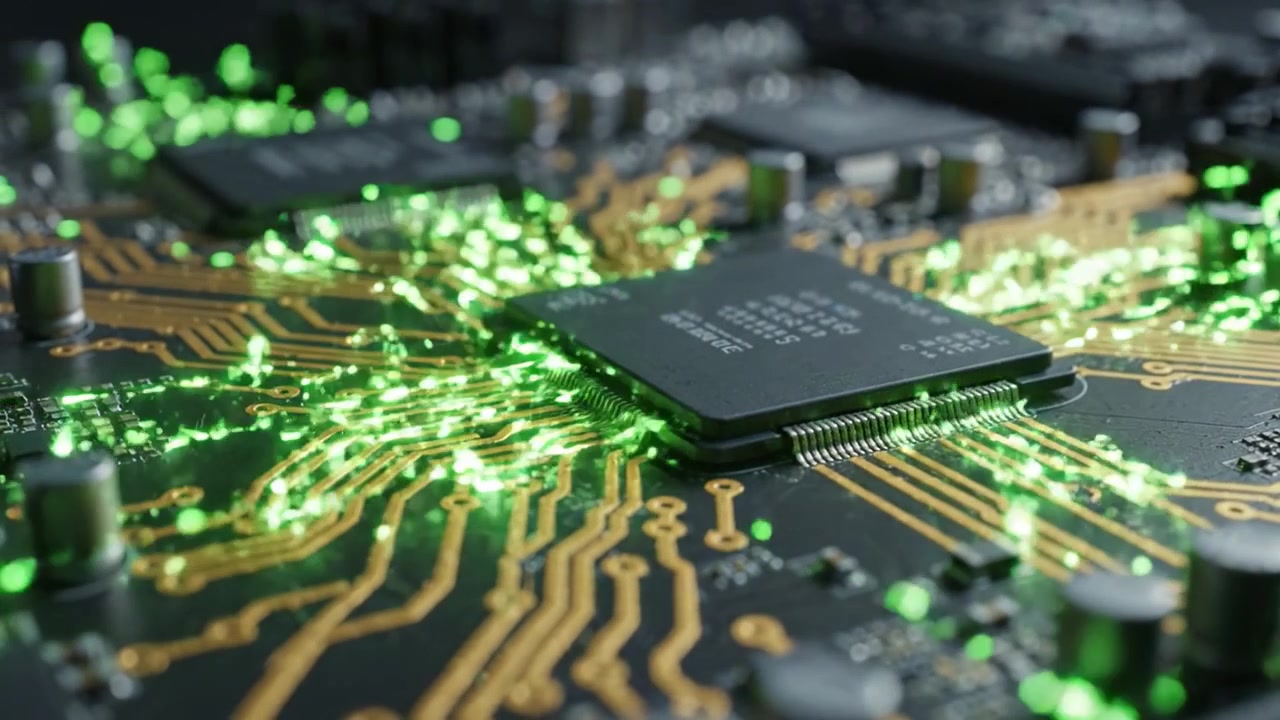 Exploring the Intricate Designs of a Circuit Board, Highlighting the Complex Connections and Brilliant Glow of Electronic Components in a High-Tech Environment