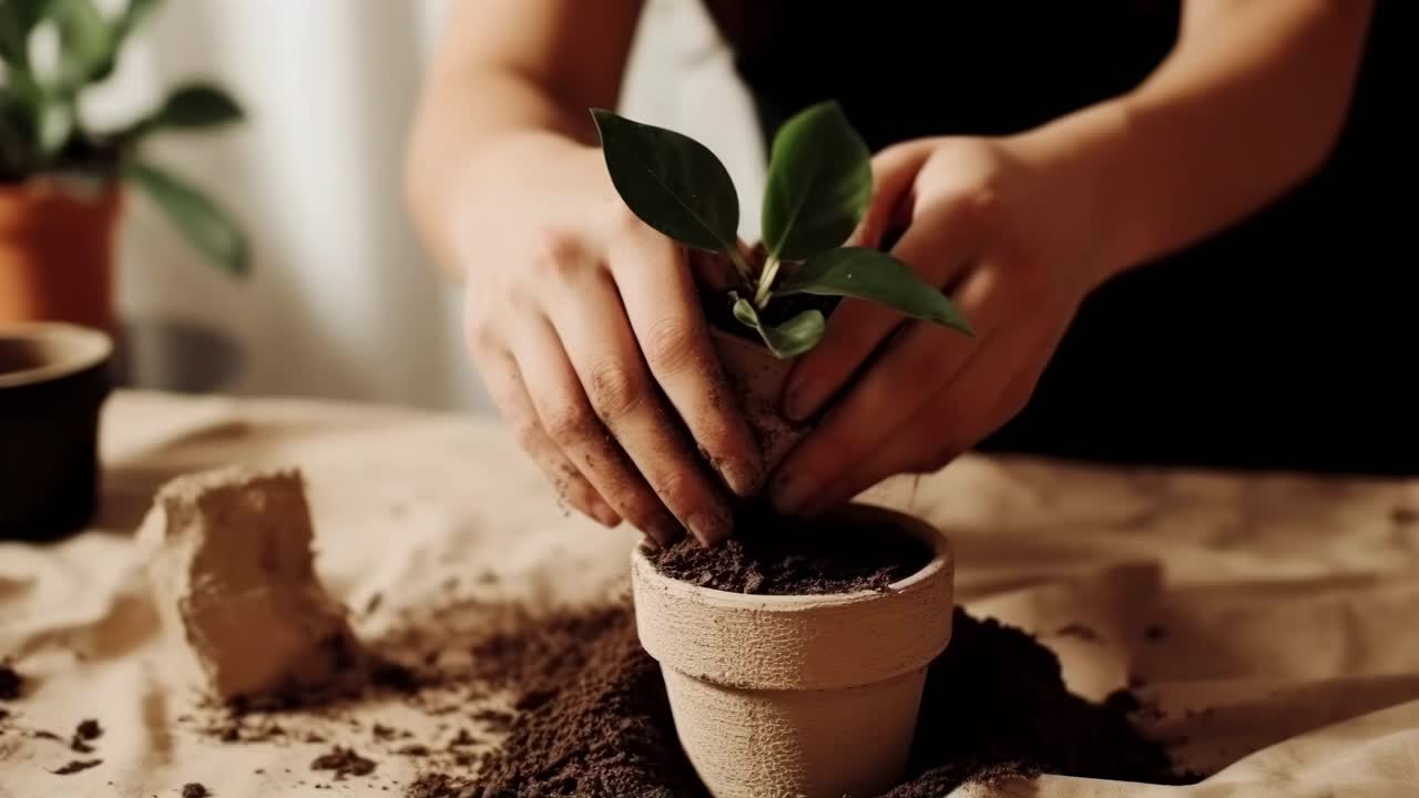 Primer plano de un vídeo de unas manos plantando una planta, mostrando un concepto de cuidado