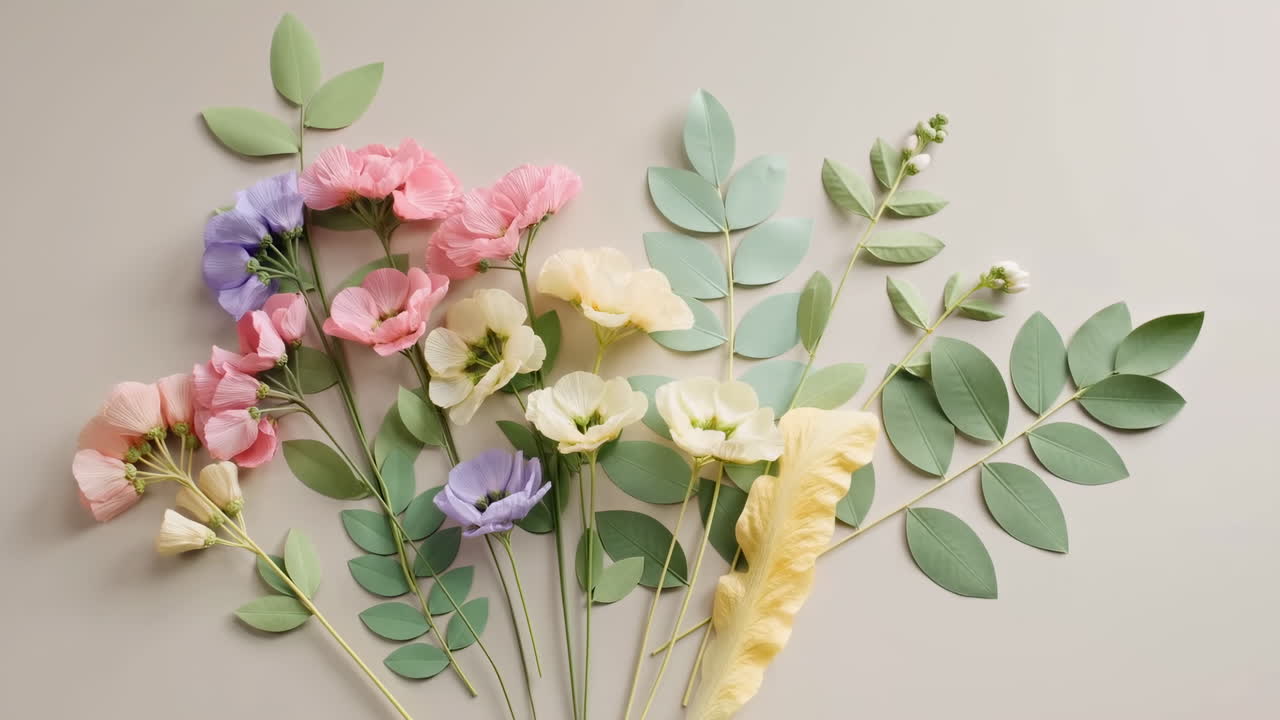 Blomsterstilleben med pastellblomster og grønne blader