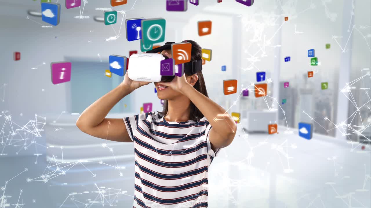 mujer usando auriculares de realidad virtual con iconos generados digitalmente 4k