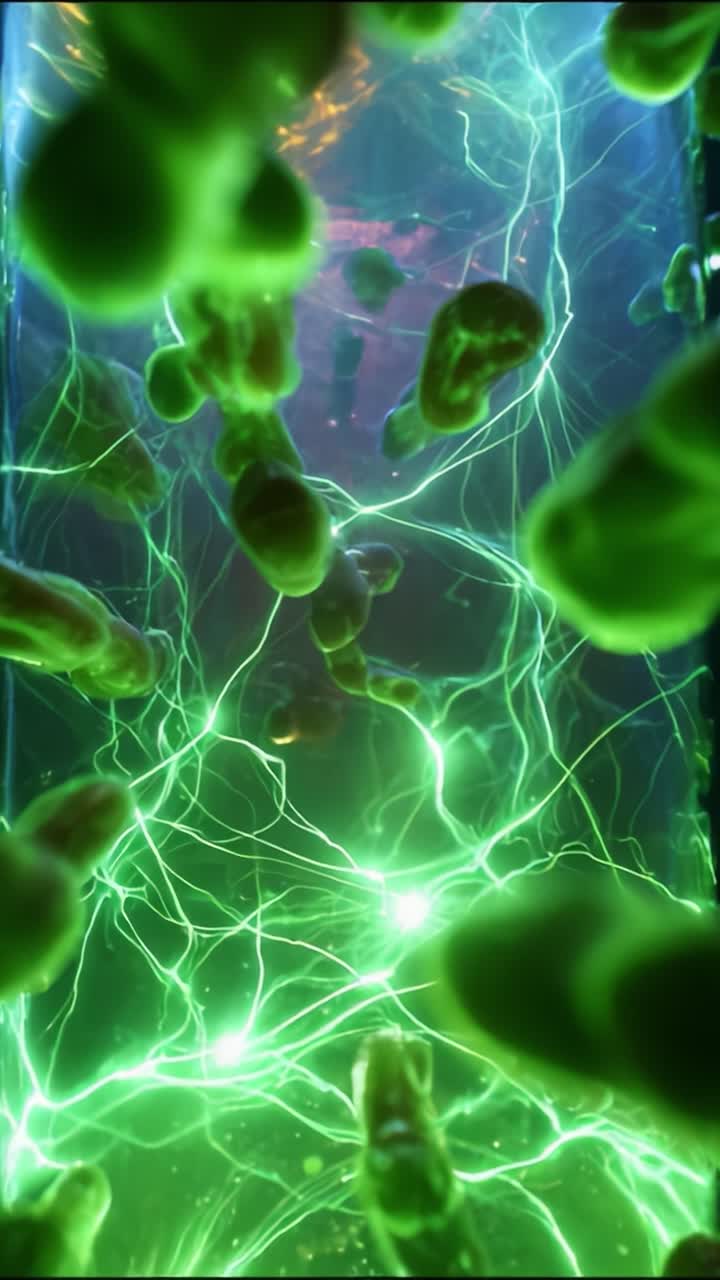 Uma imagem visual hipnotizante de microrganismos bioluminescentes suspensos em fluido, iluminados por uma luz verde elétrica vibrante, criando uma atmosfera etérea de bioatividade