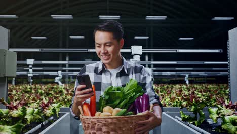 asian male farmer with vegetable basket enjoy using mobile phone while standing in smart farm