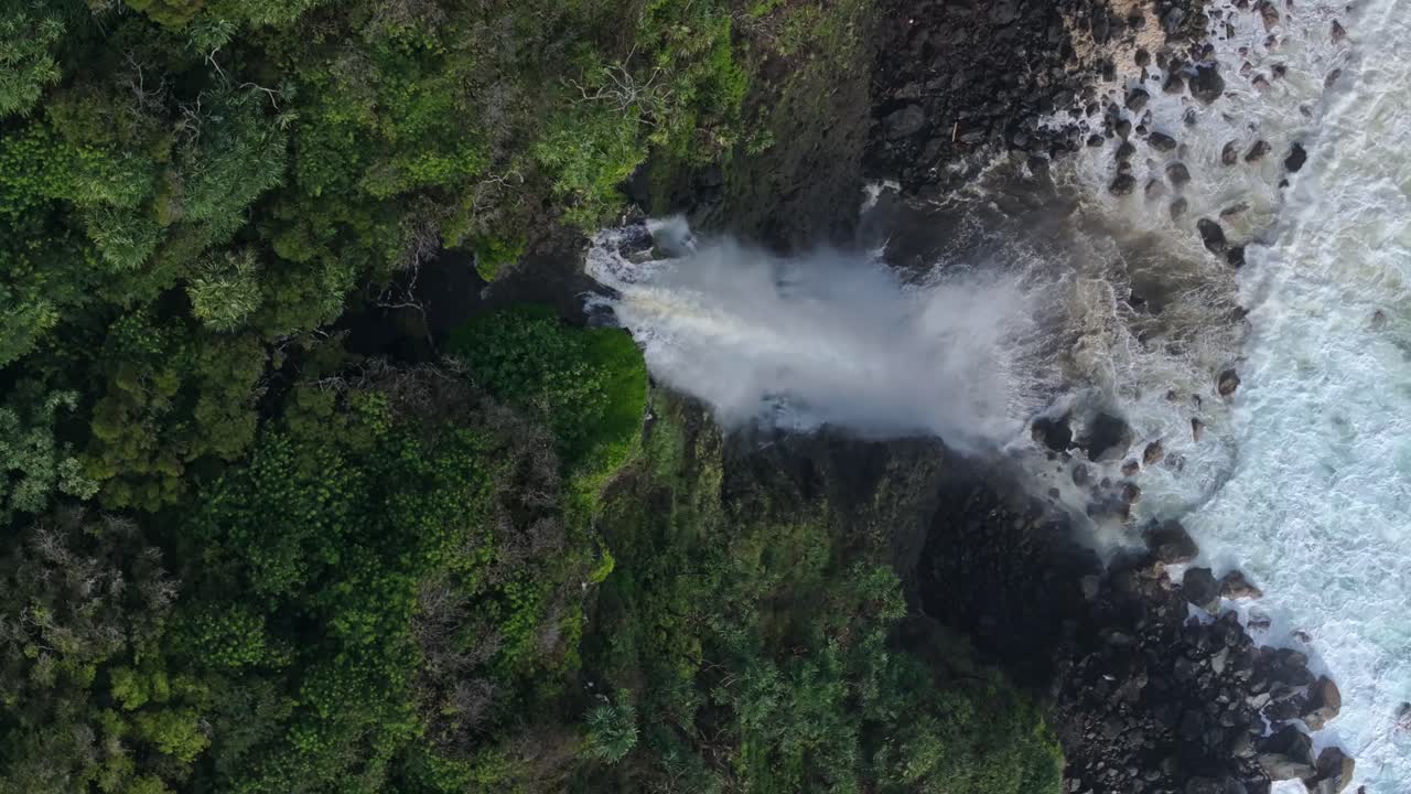 Lush tropical landscape with waterfall flowing into rocky coastline on Maui North Shore