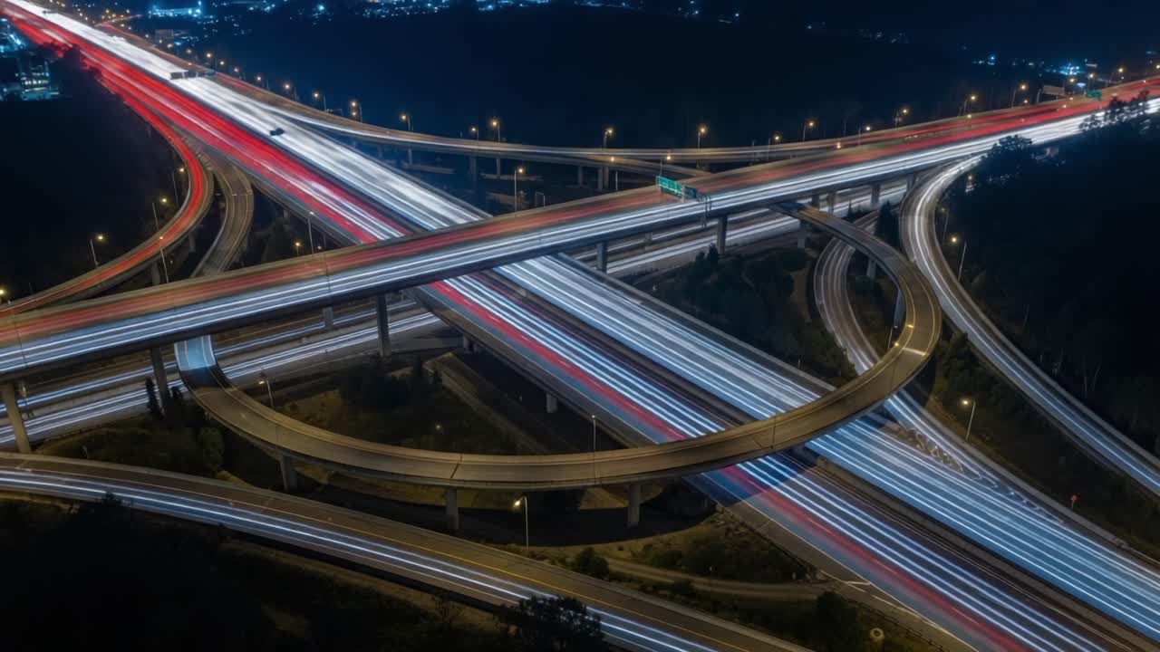 Aerial View of Dynamic Night Traffic on a Multi-Level Highway Interchange, Showcasing Flowing Lights and Complex Infrastructure