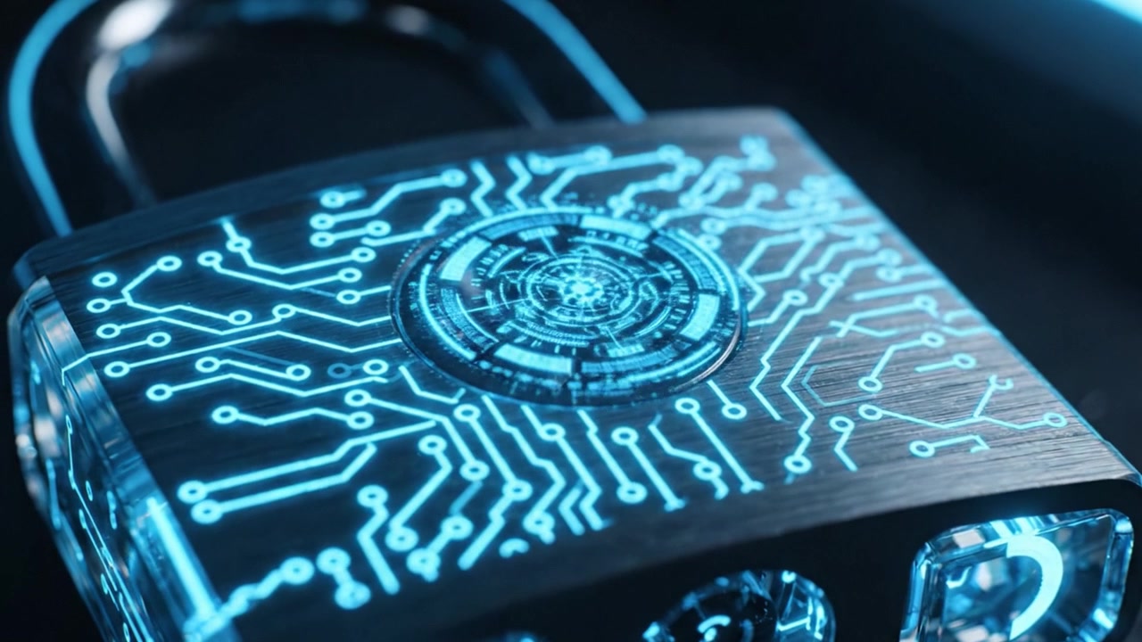 Primo piano dettagliato di una serratura elettronica high-tech con design a circuiti, che evidenzia moderne funzionalità di sicurezza e un'estetica elegante in luce blu fredda.