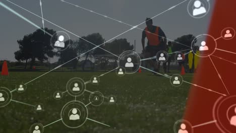 animación de la red de conexiones sobre jugadores de fútbol que practican en el campo de fútbol