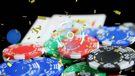 animación de confeti cayendo, escaneo de alcance sobre fichas y tarjetas de casino