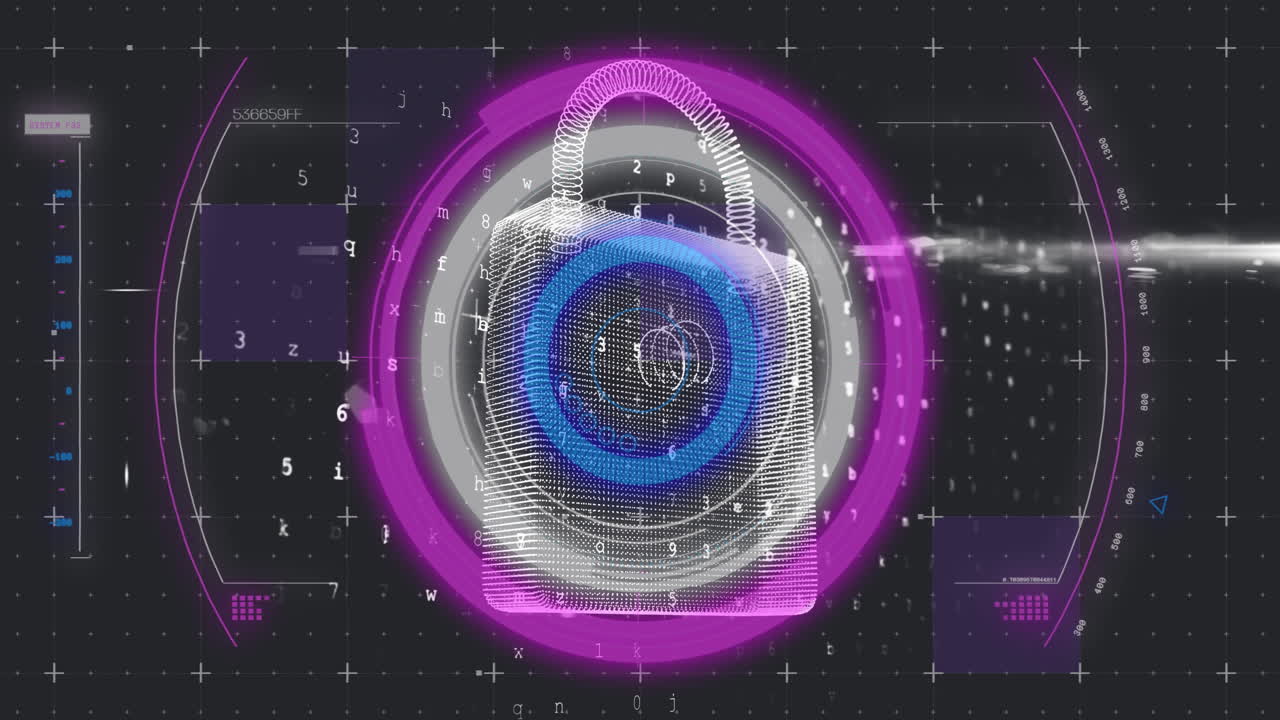 animación del candado de seguridad en línea, escaneo de alcance y procesamiento de datos sobre la cuadrícula en segundo plano