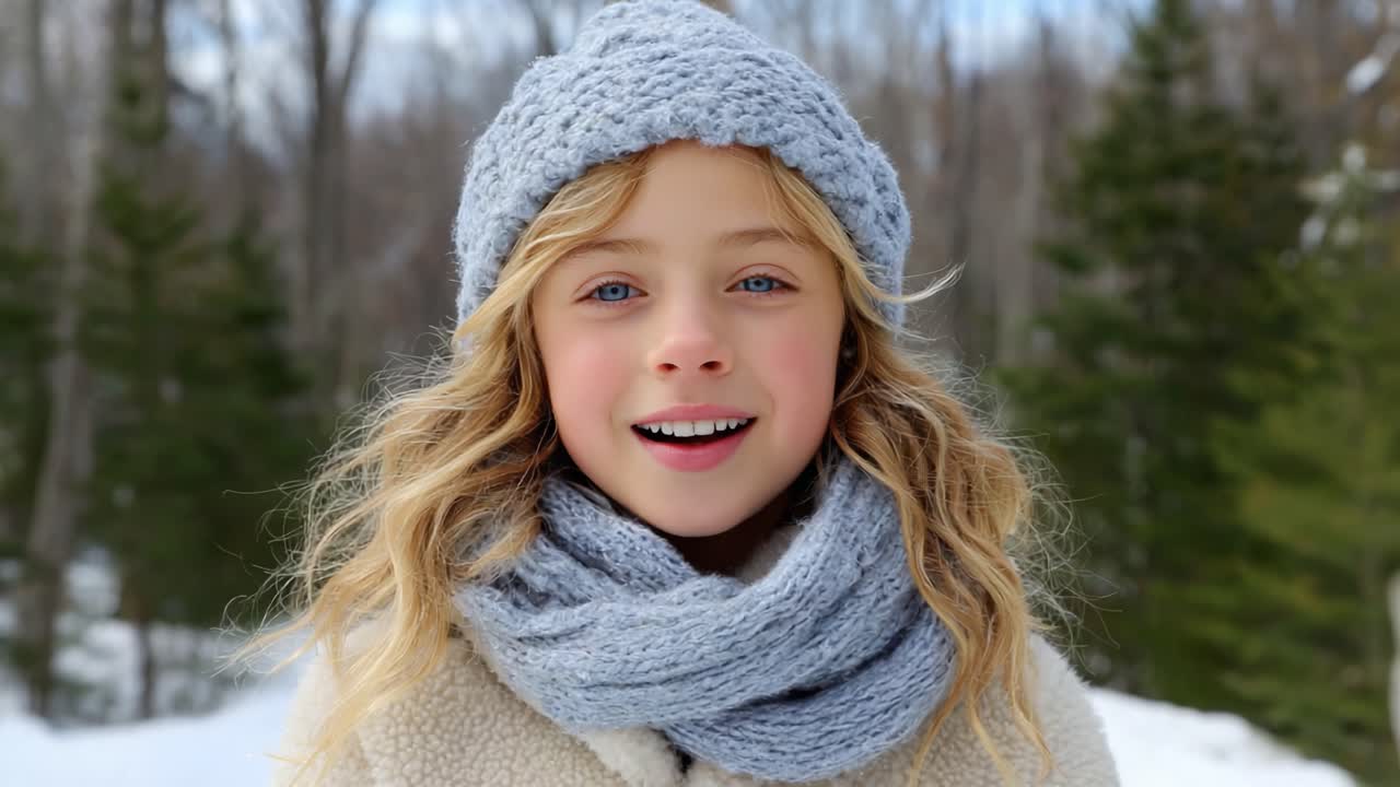 A Joyful Winter Scene Featuring a Young Girl Smiling, Wrapped Warmly in a Cozy Scarf and Hat Amidst a Snowy Forest Backdrop
