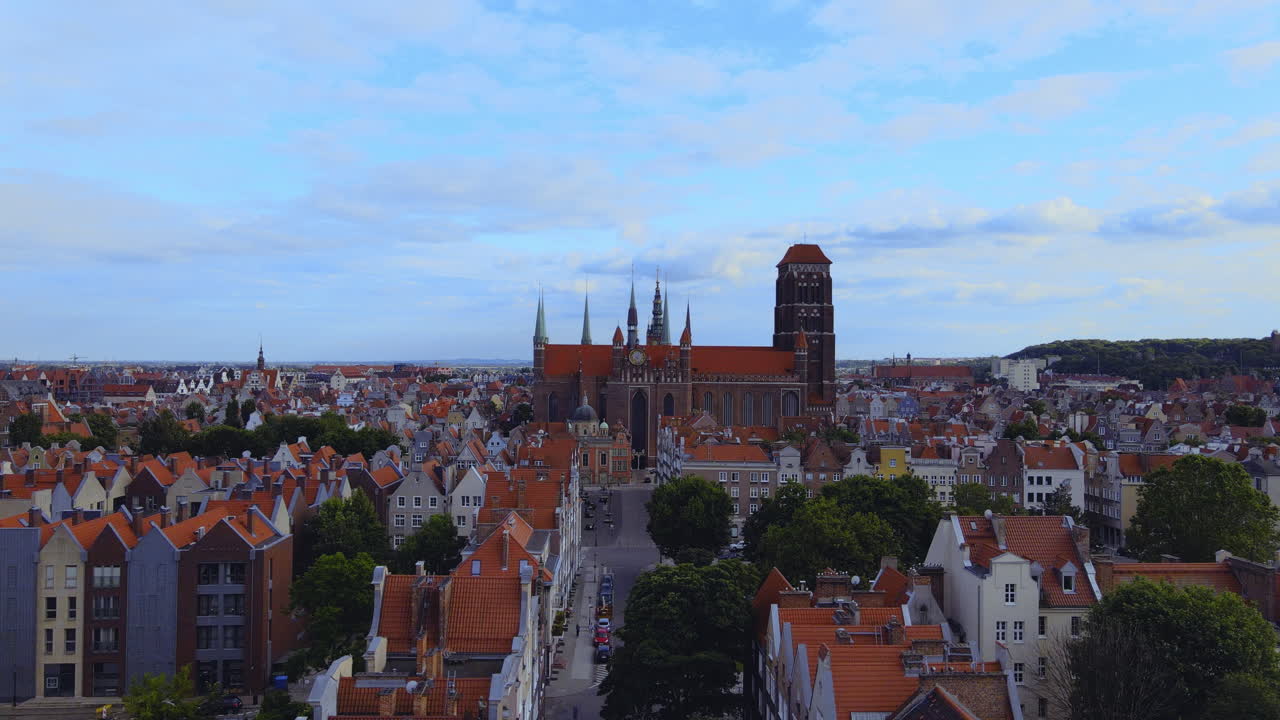 Aerial shot showin Old City with st mary´s church in background in Gdansk