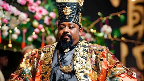 a man in a black and gold outfit with a crown on his head