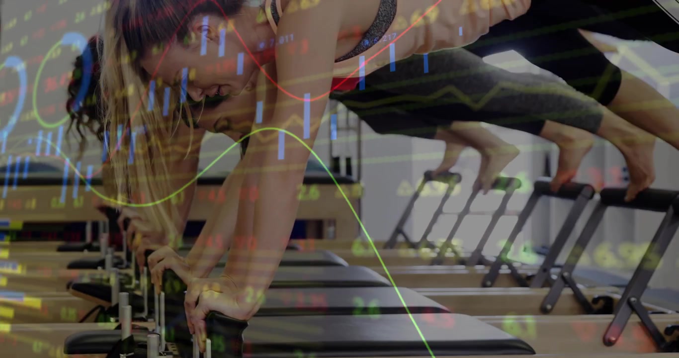 Women using reformers pressing carriage, camera rising, market charts overlaying showing metrics