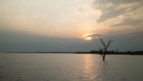 timelapse of the sunset near lake tanganyika burundi africa with reflection in the water and a broken tree in the foreground and the mountains and clouds in the background