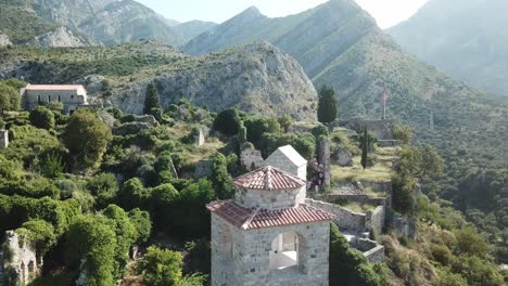 aerial-close-up-to-old-stone-medieval-castle-of-Stari-Bar-small-town-in-Montenegro