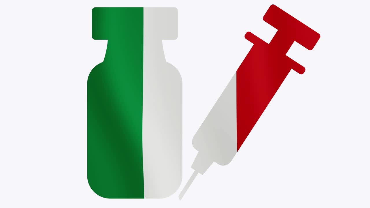 vial de vacuna contra el coronavirus y bandera de italia