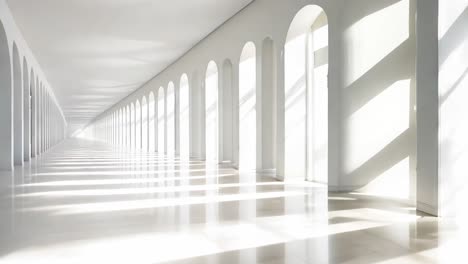 a long hallway with white walls and arches in a building