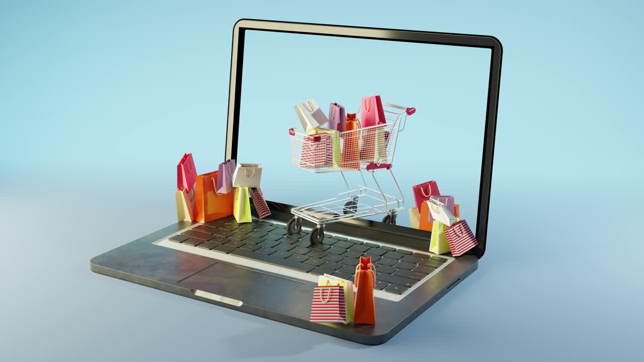 3d animation of open laptop with colorful shopping bags and cart at studio