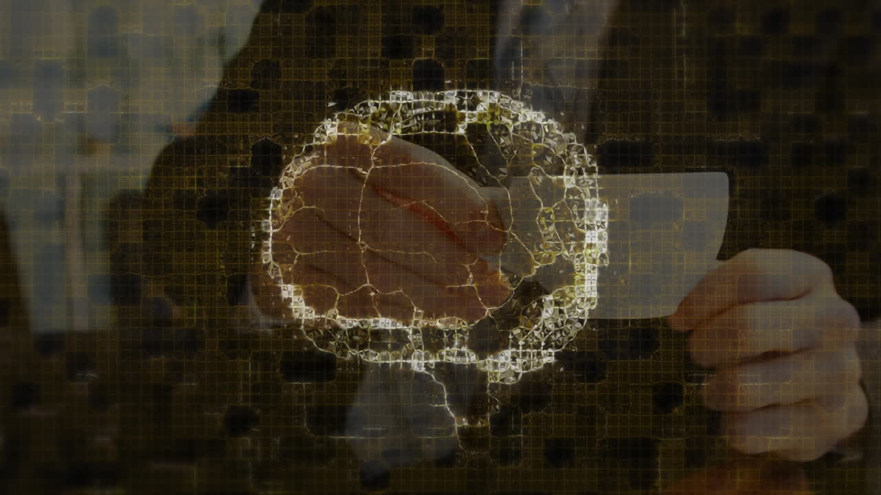 animación del cerebro sobre el hombre de negocios caucásico con café