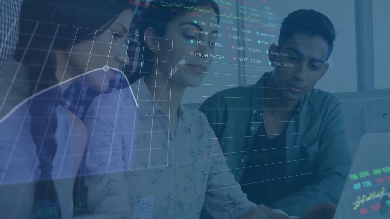 Animation of financial data processing and stock market over diverse business people in office
