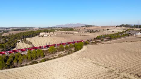 aerial: high-speed red train in spain between barcelona and madrid among vineyards