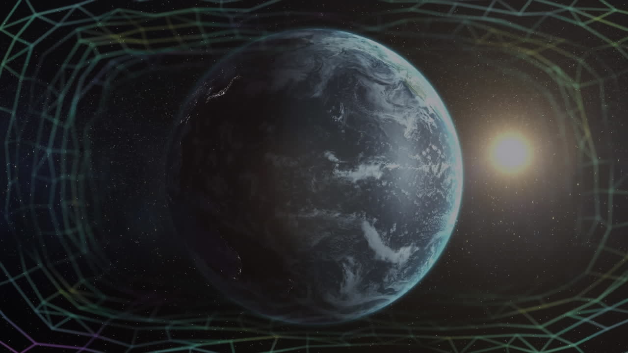 Digital waves against globe spinning