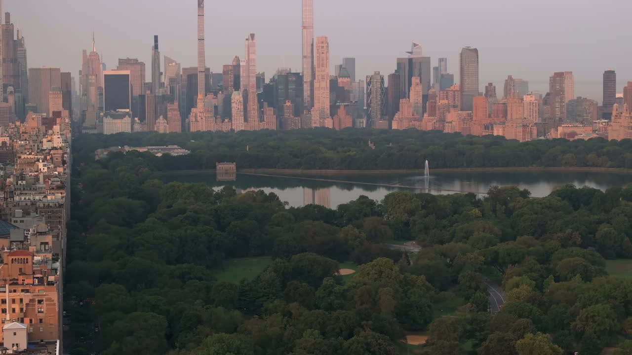Aerial view of Central Park on a summer morning. Shot at sunrise in New York City
