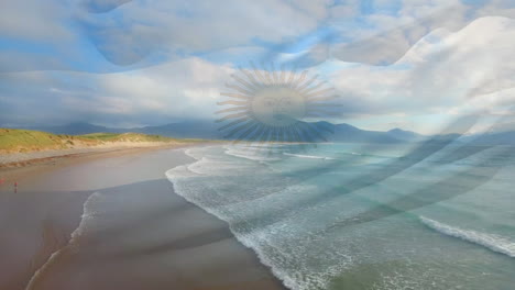 animación de la bandera argentina ondeando sobre una playa soleada