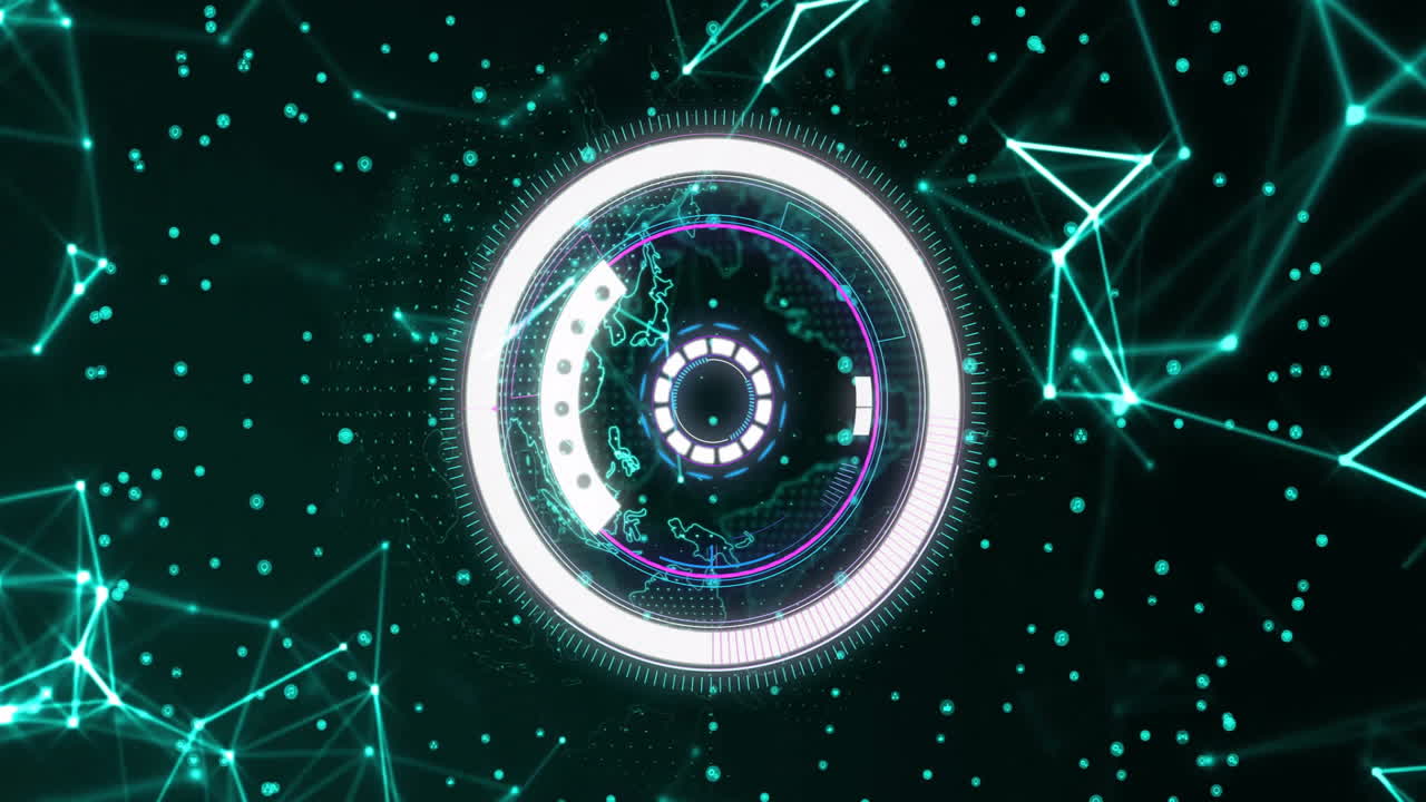 Futuristic digital interface with rotating elements and geometric shapes animation