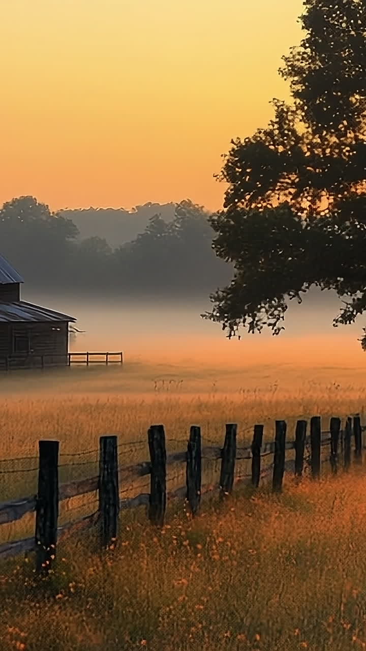 Morning light warms a misty farmhouse. A peaceful farmhouse with smoke rising from the chimney stands amid golden grass at sunrise, surrounded by nature.