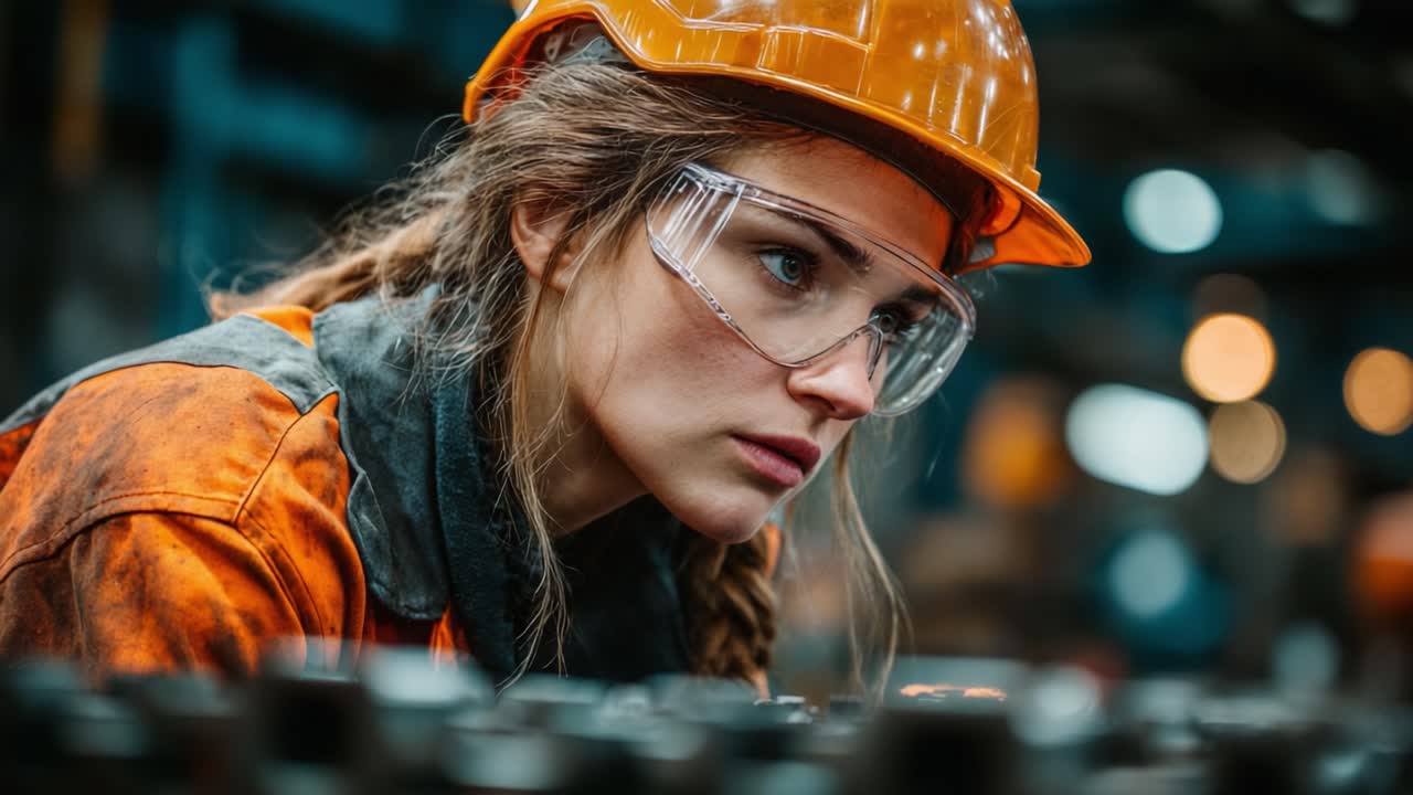 A Dedicated Worker in Industrial Attire Focuses on Her Task, Showcasing Safety Gear and Commitment amidst a Dynamic Manufacturing Environment