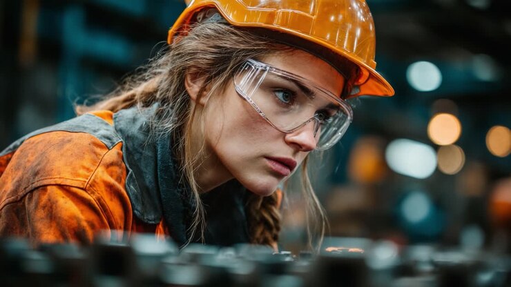 A Dedicated Worker in Industrial Attire Focuses on Her Task, Showcasing Safety Gear and Commitment amidst a Dynamic Manufacturing Environment