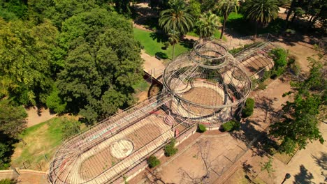 aerial view establishing the greenhouse of the quinta normal art nouveau architecture with victorian touches, abandoned santiago chile