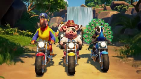 a colorful parade of animals on motorcycles riding through a lush landscape, featuring a pig, parrot, peacock, and other characters in bright costumes