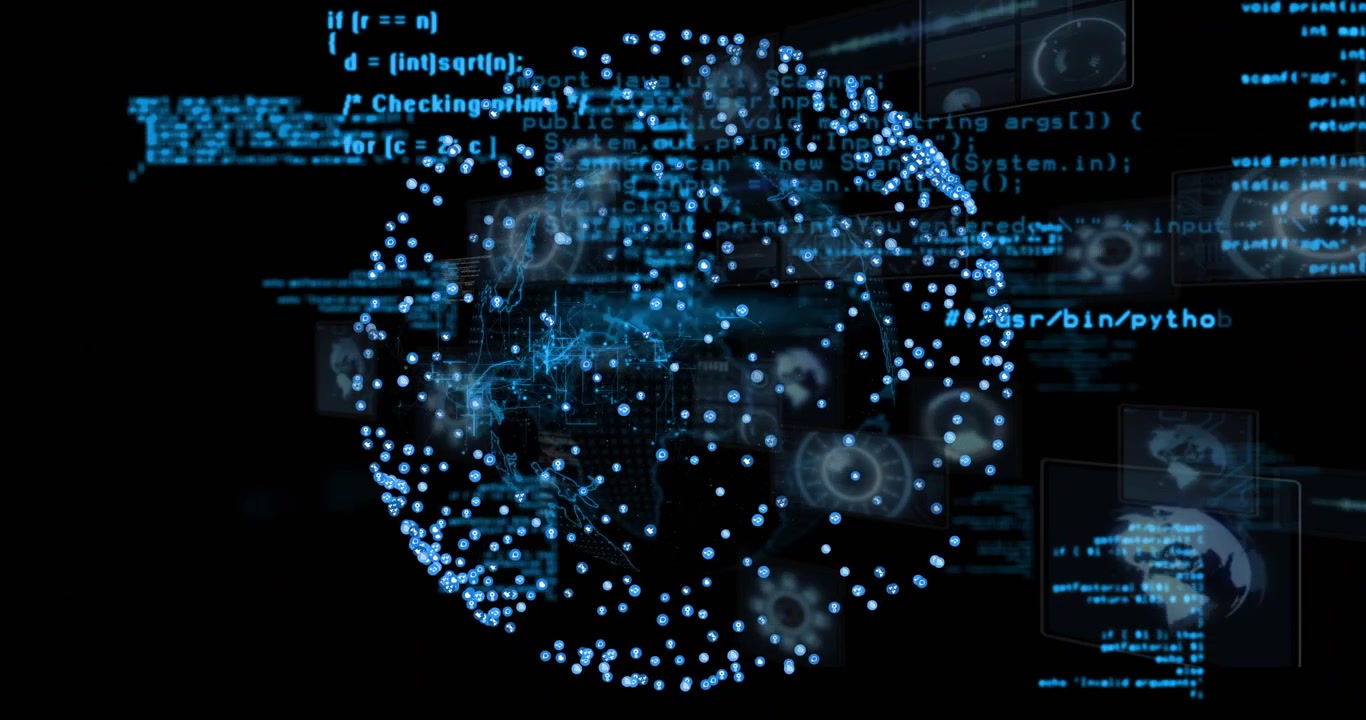Code streaks starting, data globe rotating, nodes pulsing and UI panels appearing for analytics