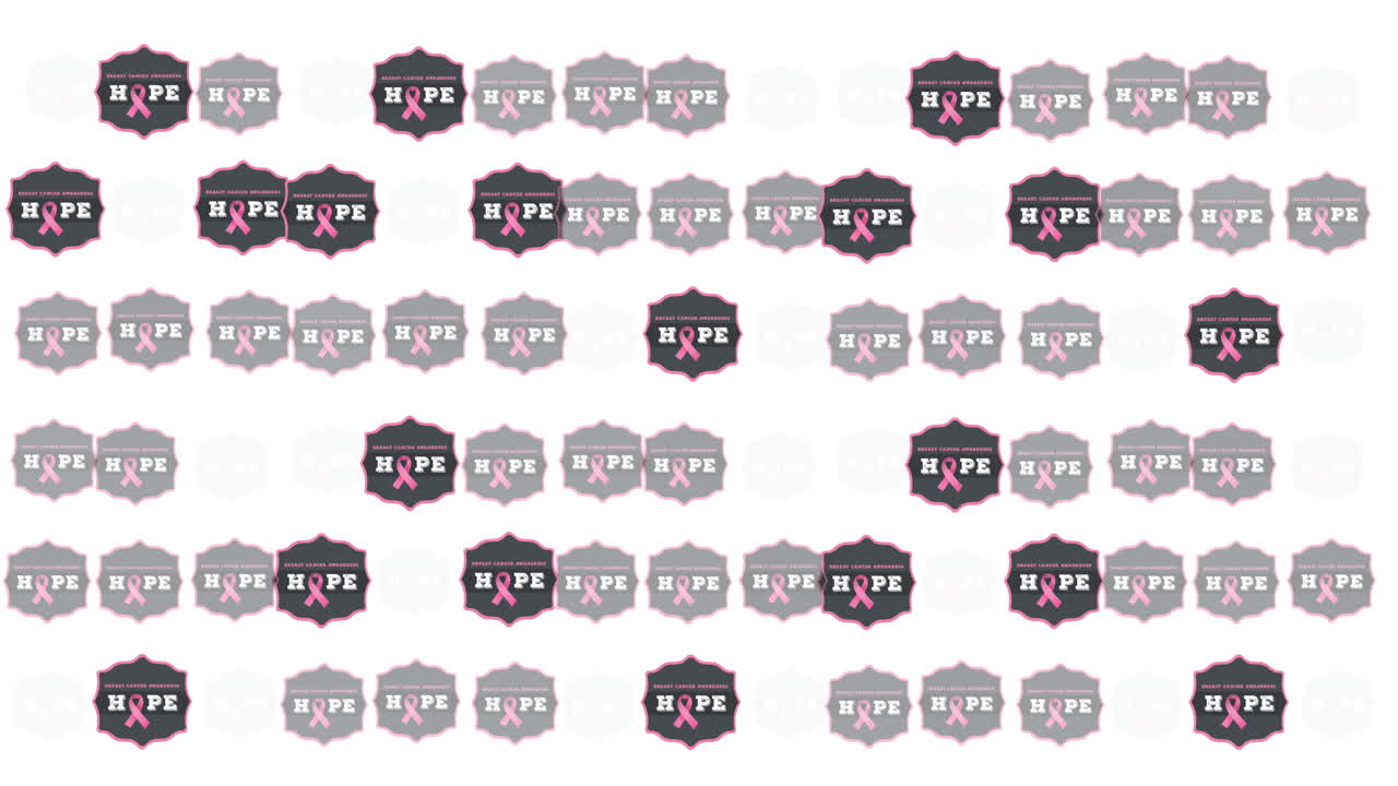 Animation of multiple pink ribbon logo and breast cancer text glowing on pink background