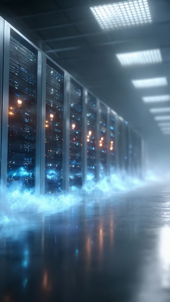 Et elegant datacenter med højteknologiske serverracks oplyst i blåt skær, der viser avanceret teknologi og en futuristisk atmosfære