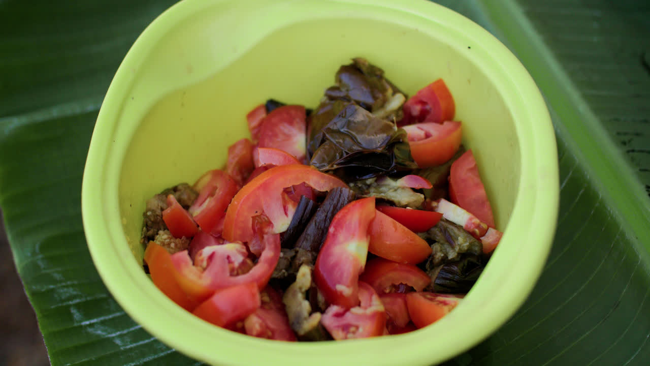Vegetable ceviche composed of tomatoes and eggplant.