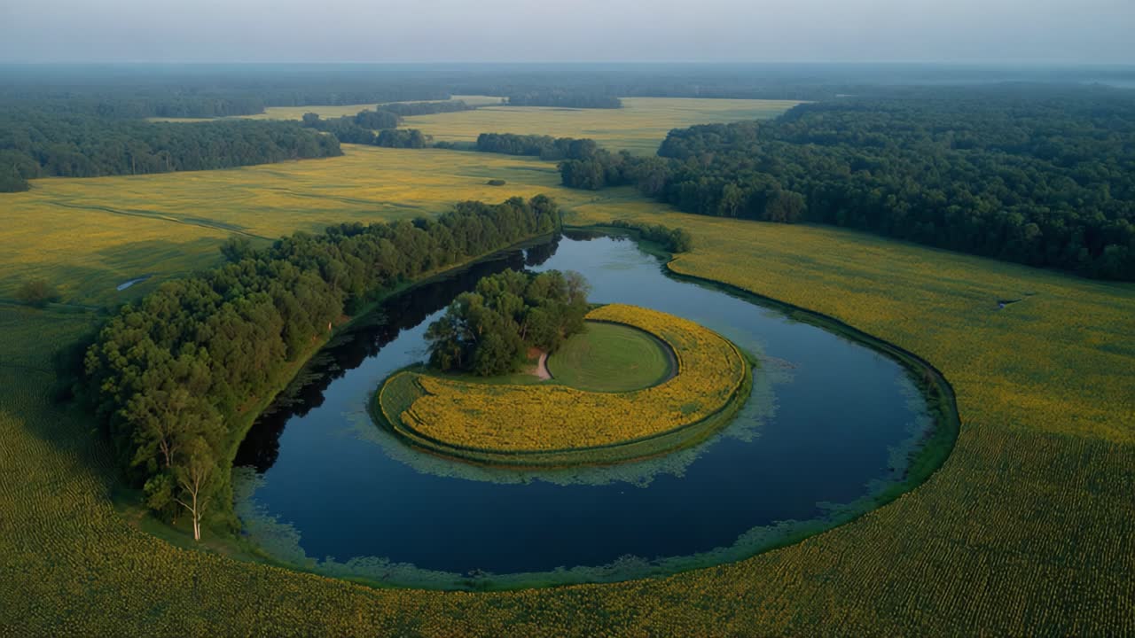 Serene Aerial View of a Spiral Island Surrounded by Lush Greenery and Vibrant Fields, Capturing the Tranquil Beauty of Nature's Patterns and Landscapes