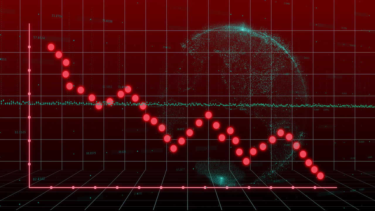 Animation of red graph fluctuating over digital globe and grid background