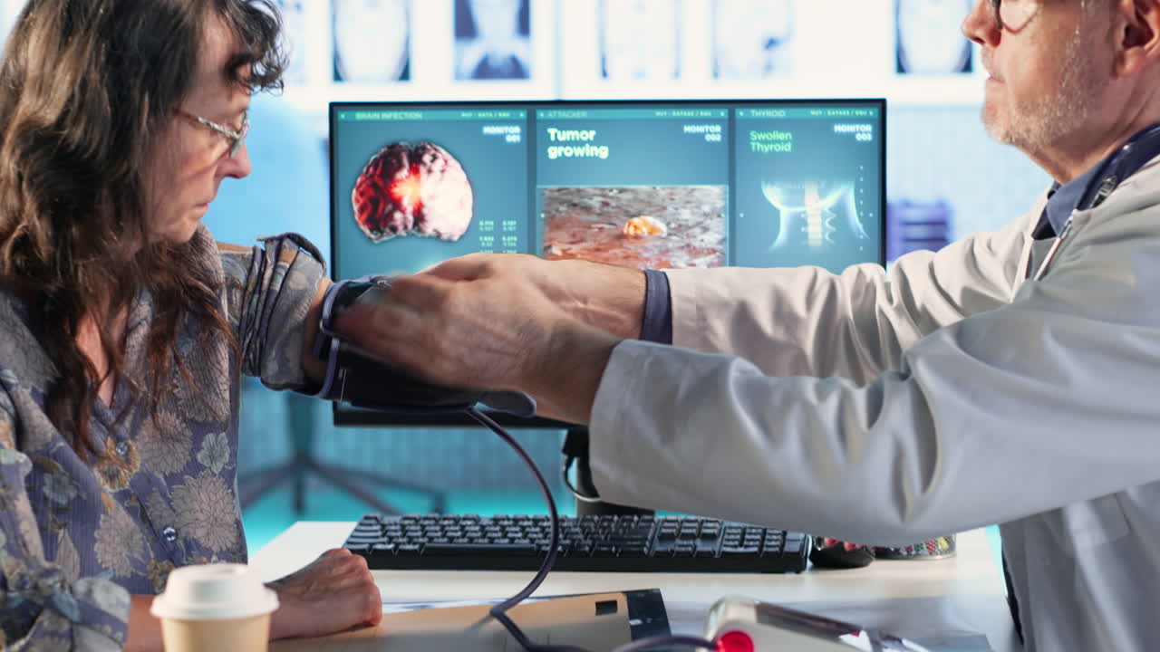 Vertical Video Old expert measuring the blood pressure and tension with blood pressure monitor