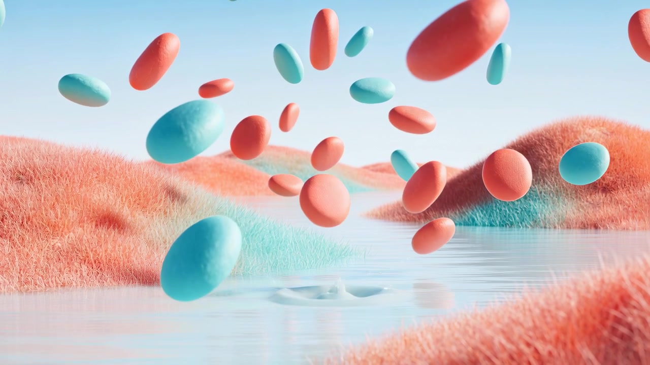 Pushing camera revealing coral-teal oval discs converging over reflecting channel, making ripples