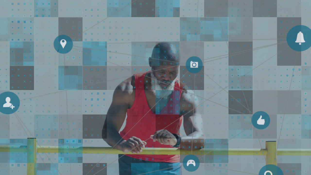 Animation of network of connections over senior african american man using smartwatch at beach