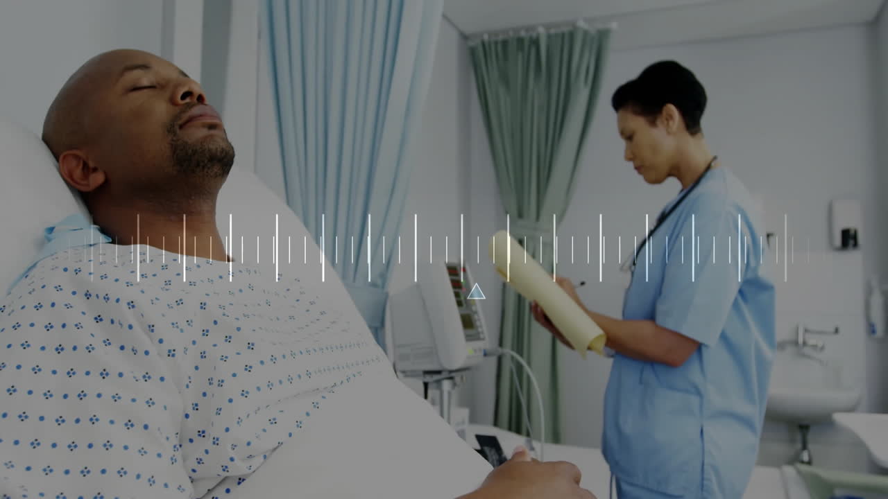 In hospital, nurse reviewing medical chart as patient resting in bed